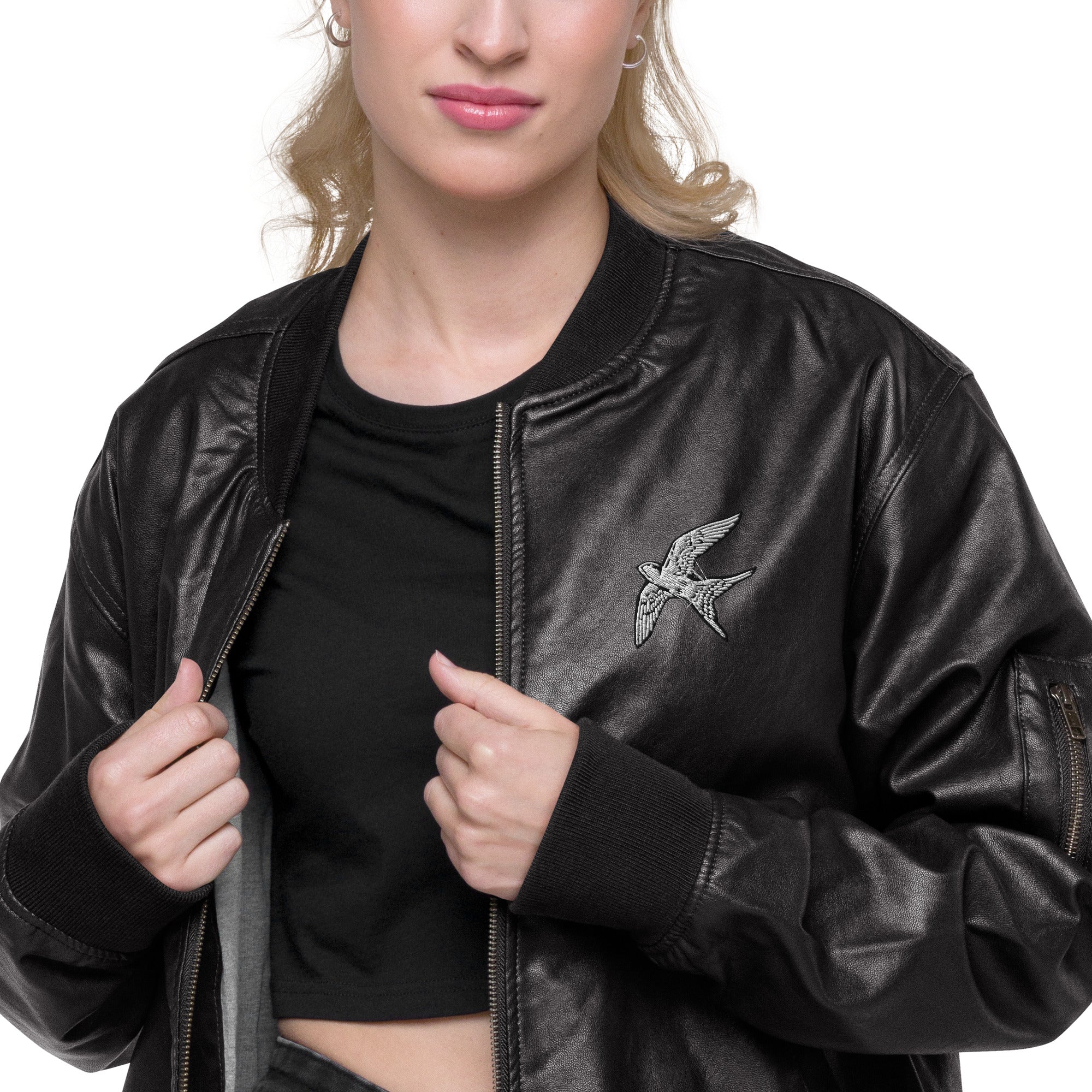 Swallow  unisex faux leather bomber jacket - ShopJosePasillas.com